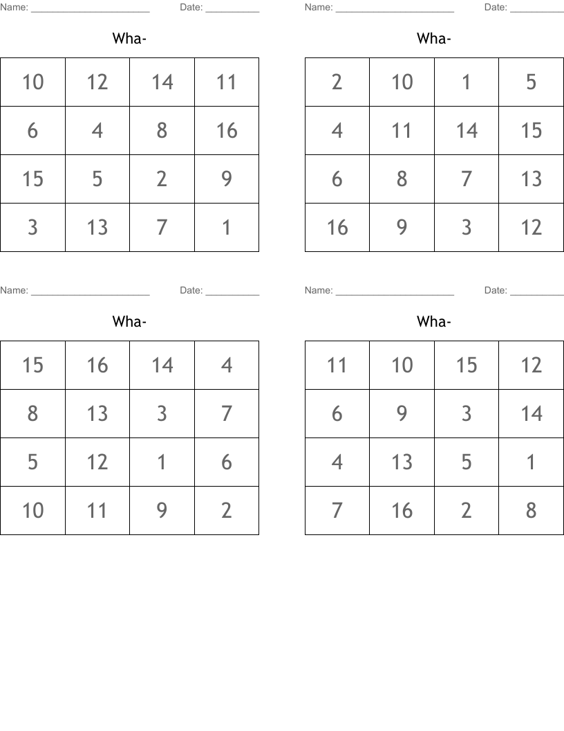 Wha- Bingo Cards