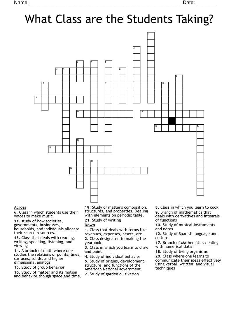 What Class are the Students Taking? Crossword - WordMint