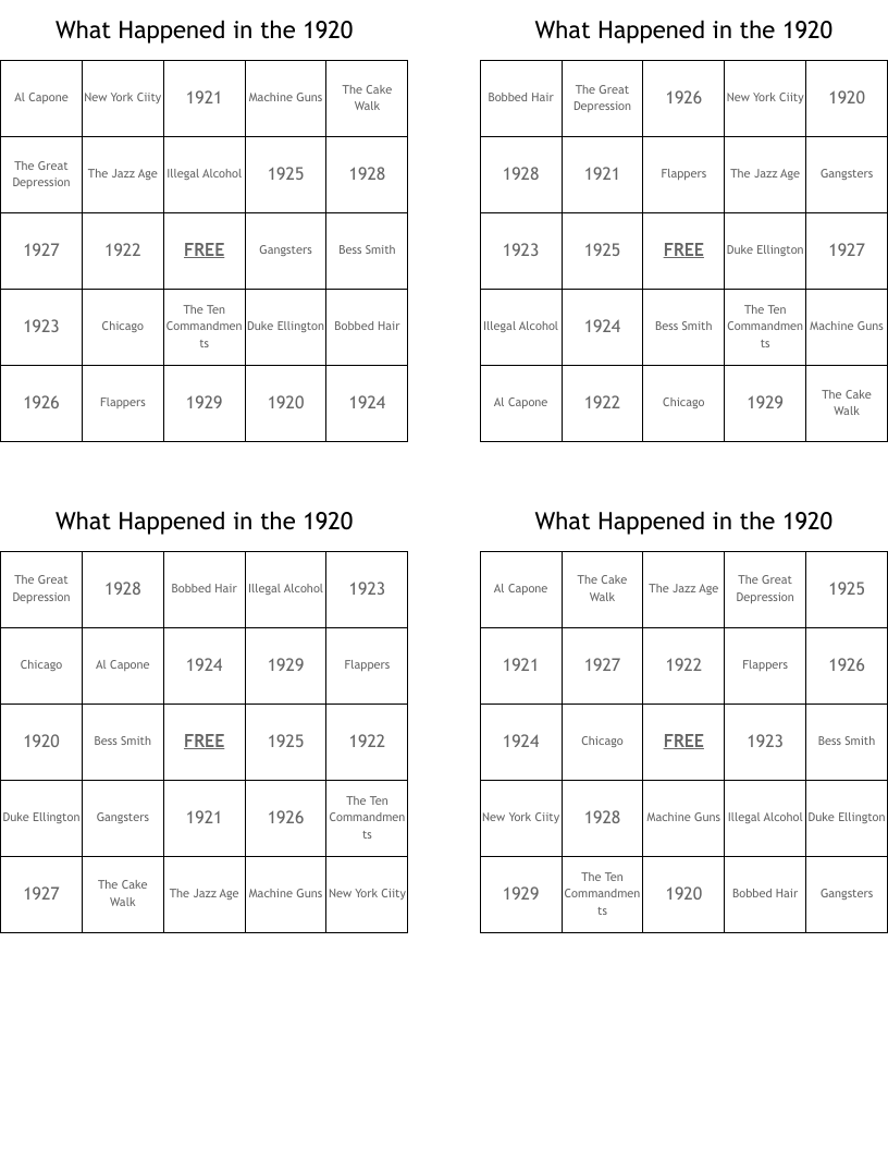 What Happened In The 1920 Bingo Cards WordMint