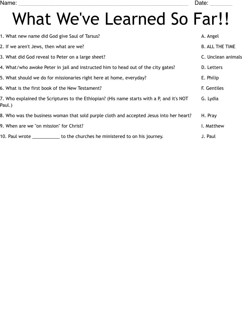 What We've Learned So Far!! Worksheet