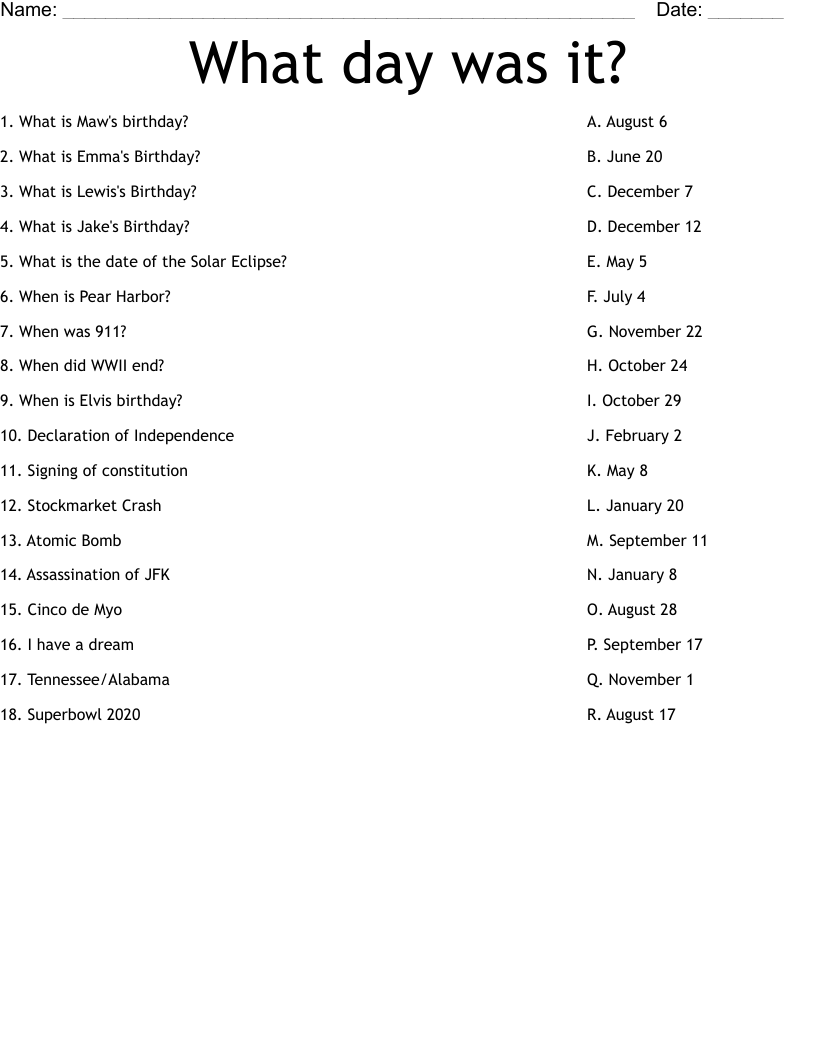 What Day Was It Worksheet WordMint