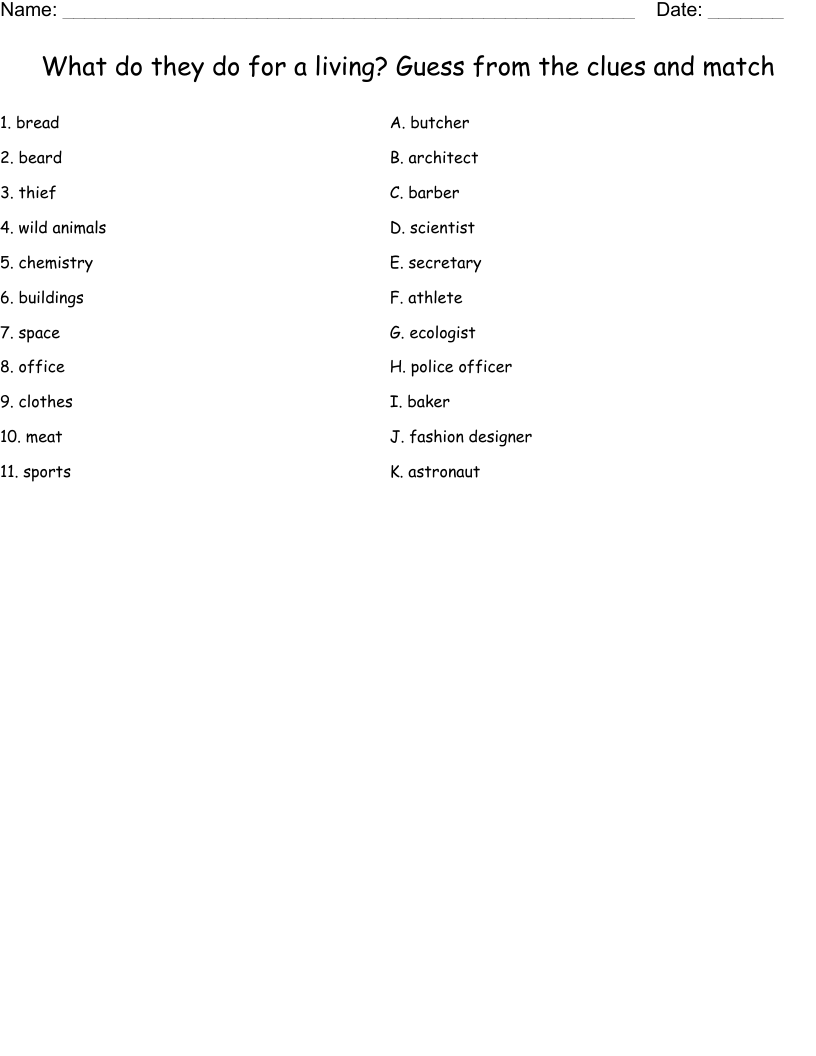 What do they do for a living? Guess from the clues and match Worksheet