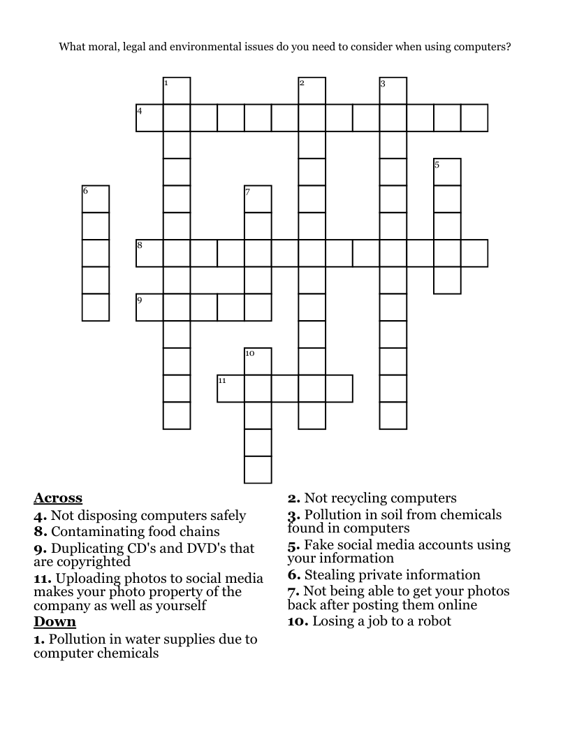 What moral, legal and environmental issues do you need to consider when using computers? Crossword