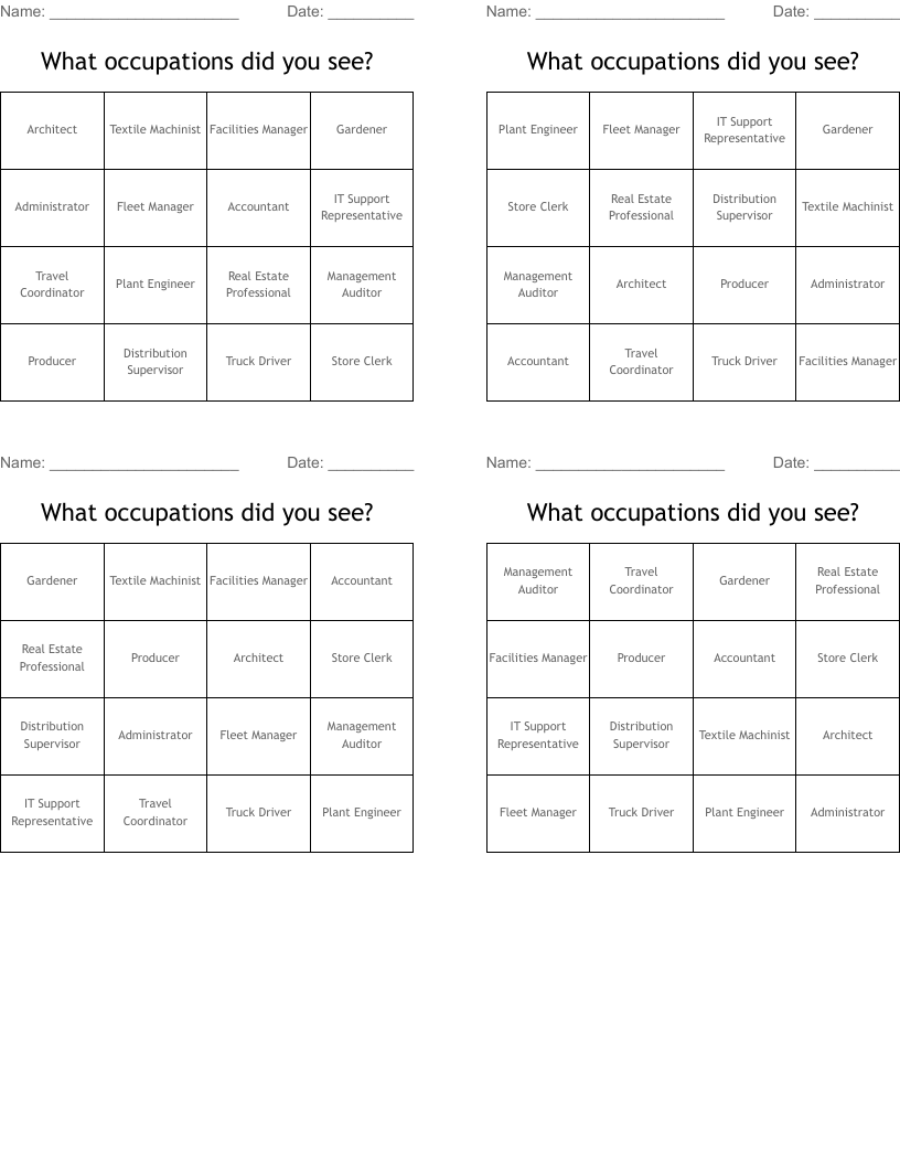 What occupations did you see? Bingo Cards