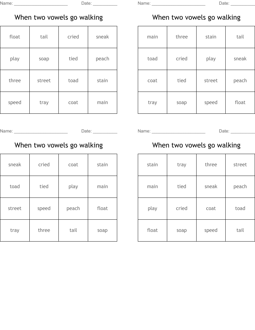 When Two Vowels Go Walking Bingo Cards WordMint