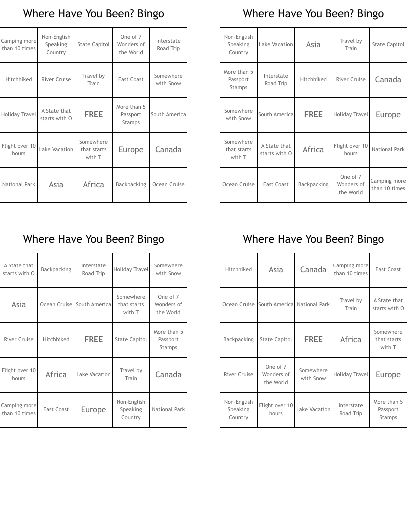 Where Have You Been? Bingo