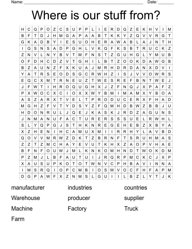 Where is our stuff from? Word Search