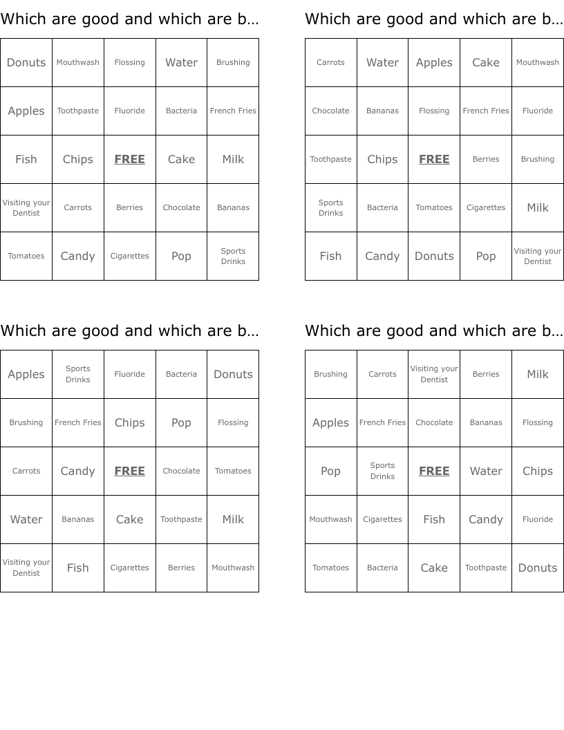 Which are good and which are bad for teeth? Bingo Cards
