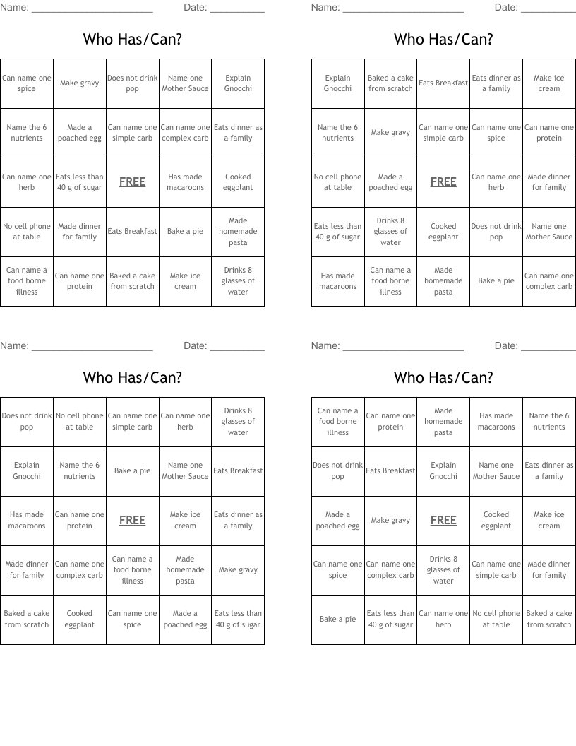 Who Has/Can? Bingo Cards