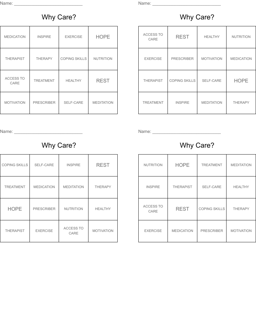 Why Care? Bingo Cards