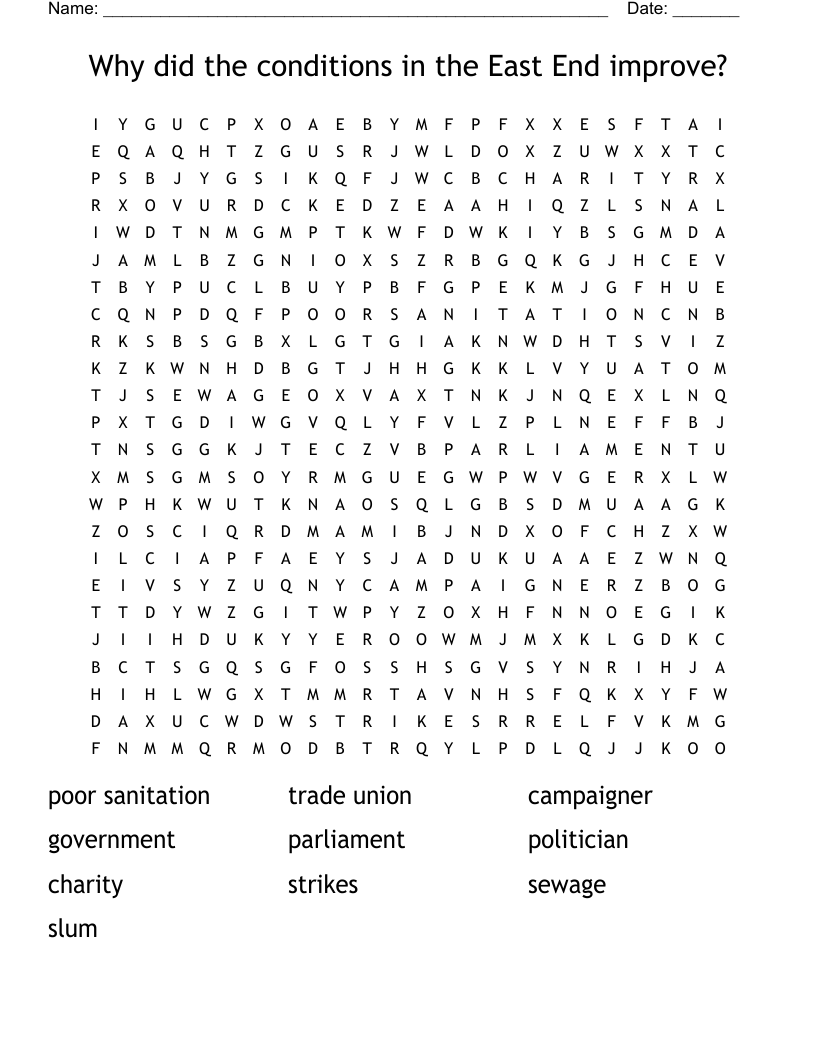 Why did the conditions in the  East End improve? Word Search