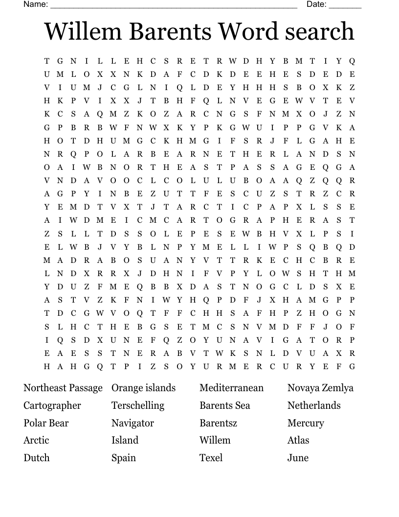 Willem Barents Word search 