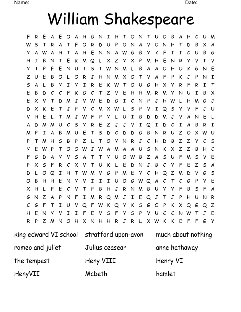 William Shakespeare Word Search