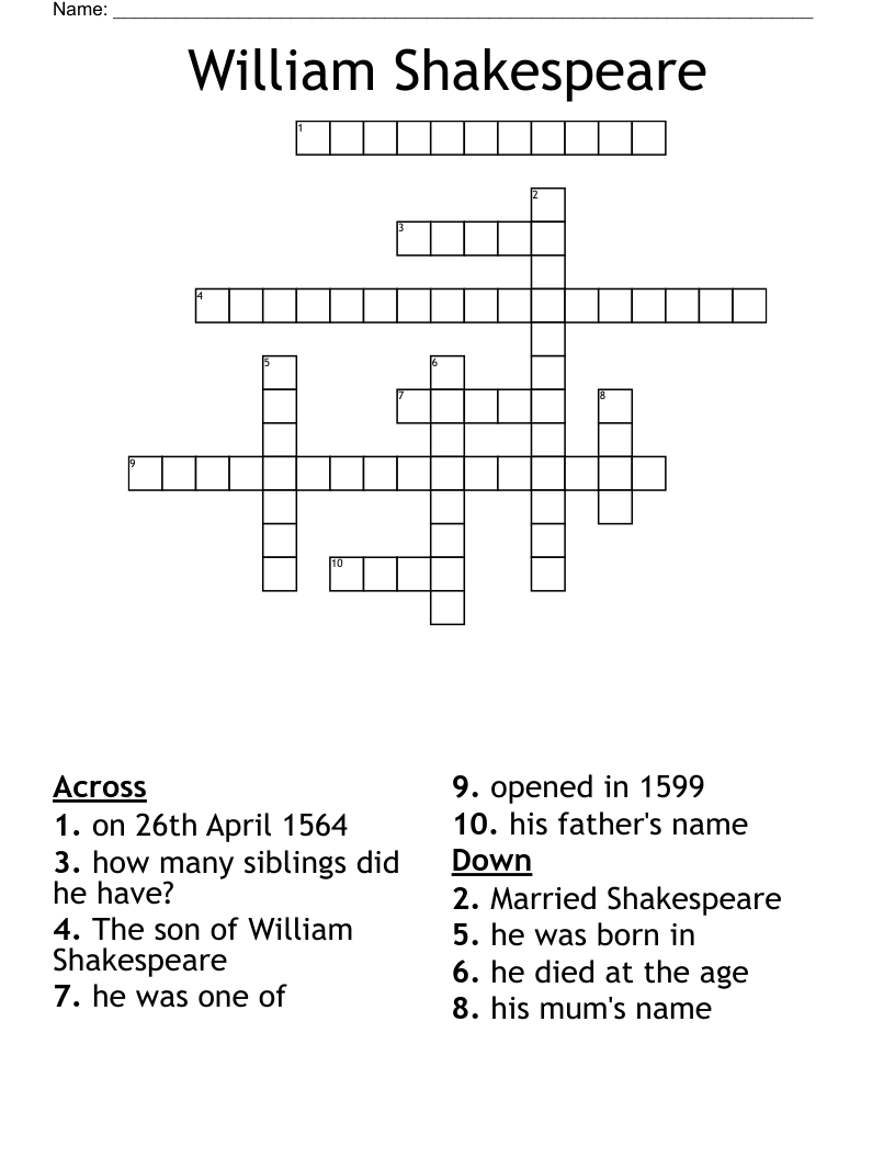 William Shakespeare Crossword WordMint