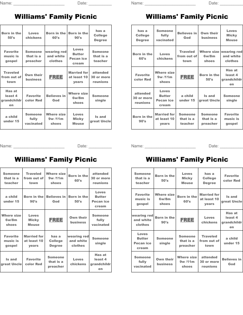 Williams' Family Picnic Bingo Cards