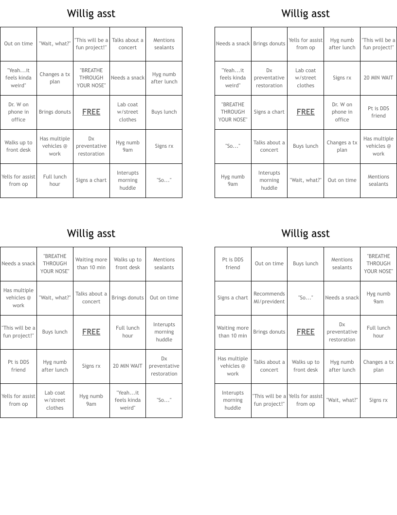 Willig asst Bingo Cards