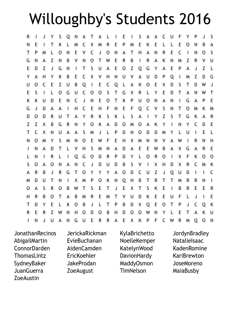 Willoughby's Students 2016 Word Search