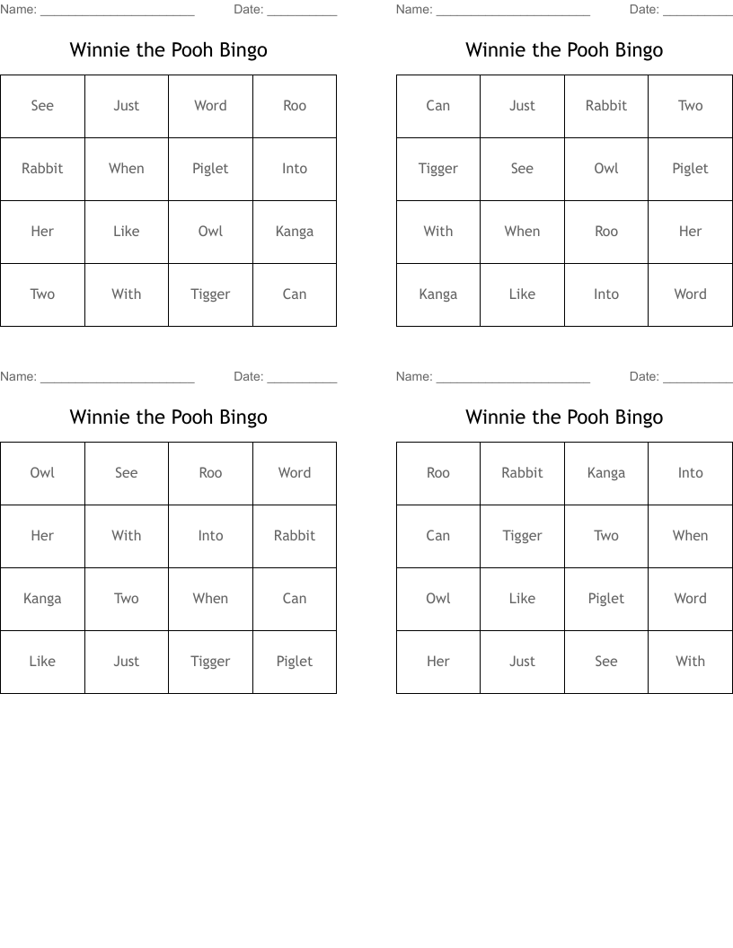 Winnie the Pooh Bingo