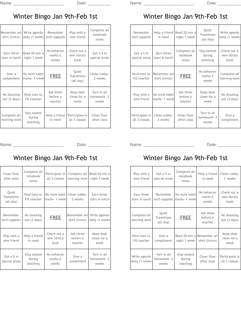 Winter Bingo Jan 9th-Feb 1st