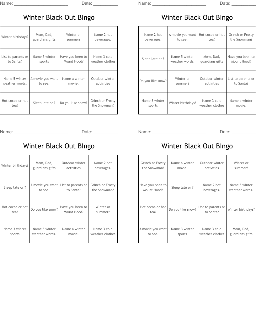 Winter Black Out BIngo