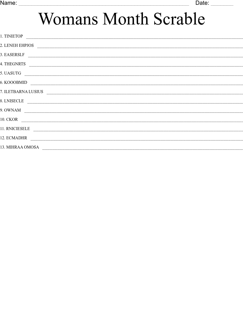 Womans Month Scrable Word Scramble