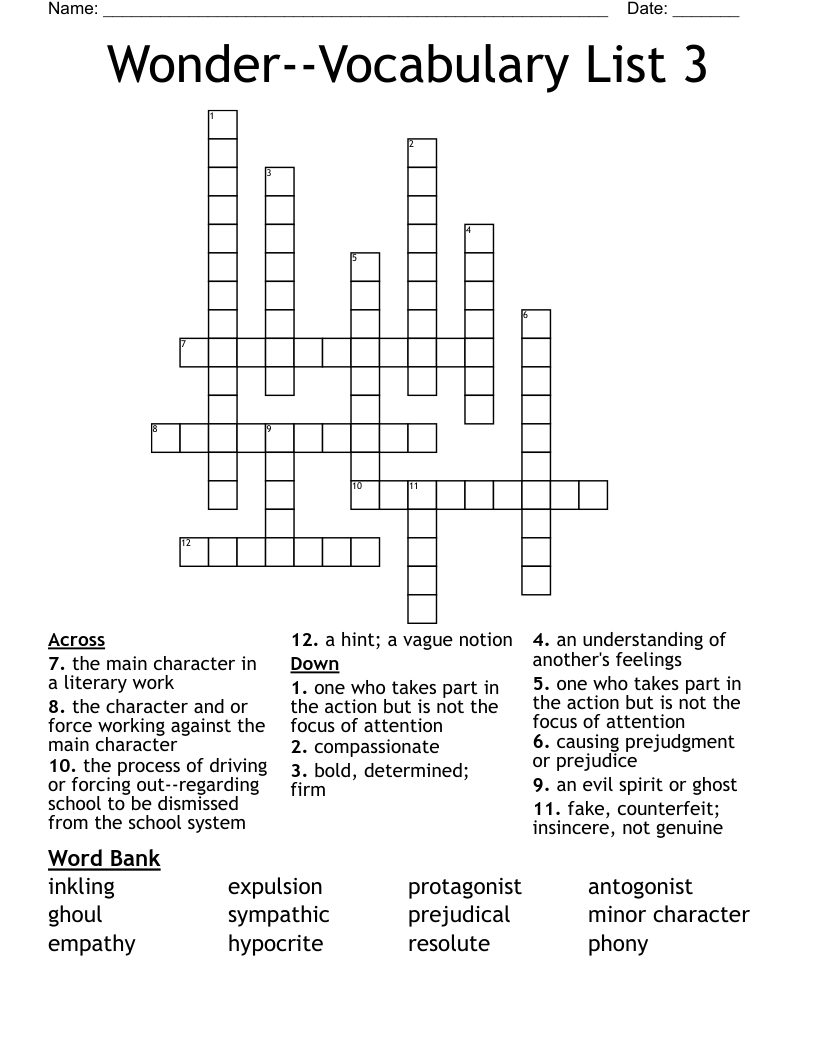 Wonder--Vocabulary List 3 Crossword