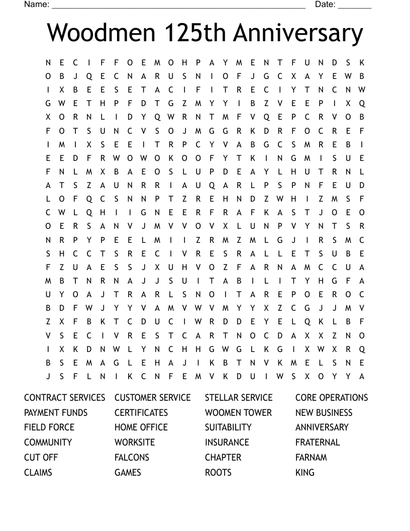 Woodmen 125th Anniversary  Word Search