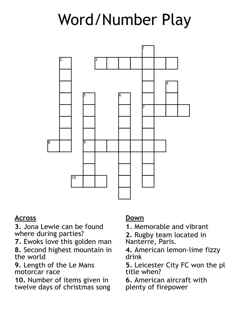 Word/Number Play Crossword