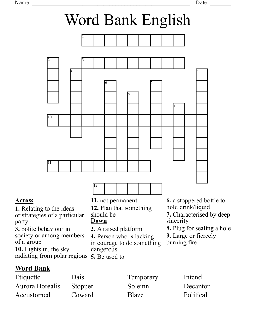 Word Bank English Crossword WordMint