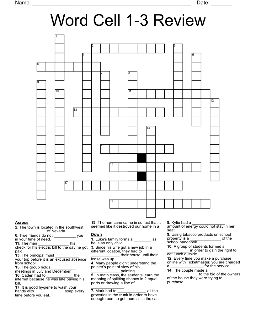 Word Cell 1-3 Review Crossword