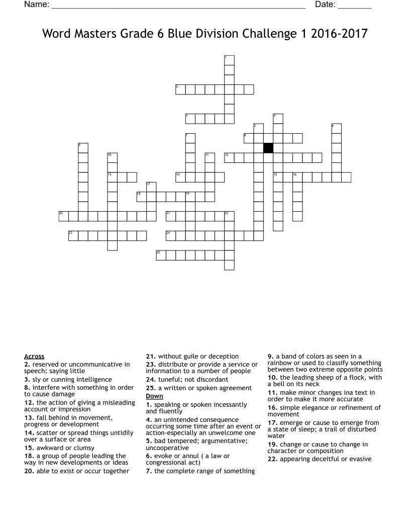 Word Masters Grade 6 Blue Division Challenge 1 2016-2017 Crossword