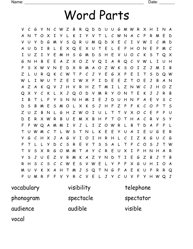 Word Parts Word Search