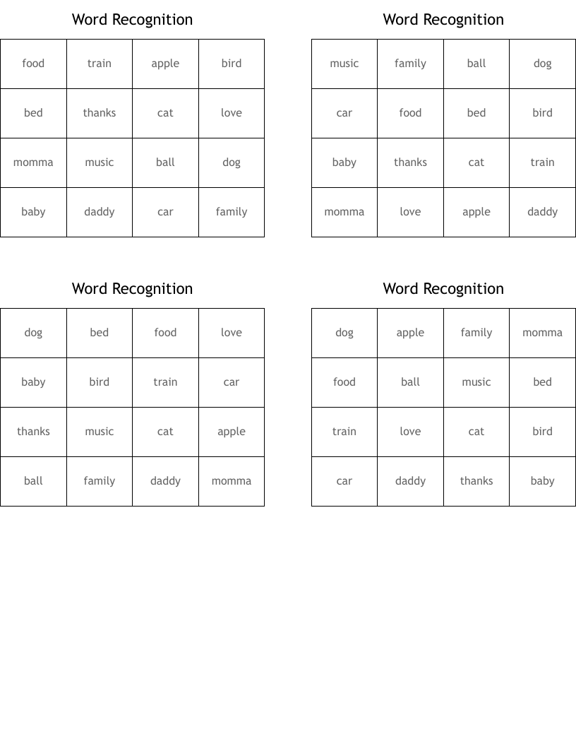 Word Recognition Bingo Cards