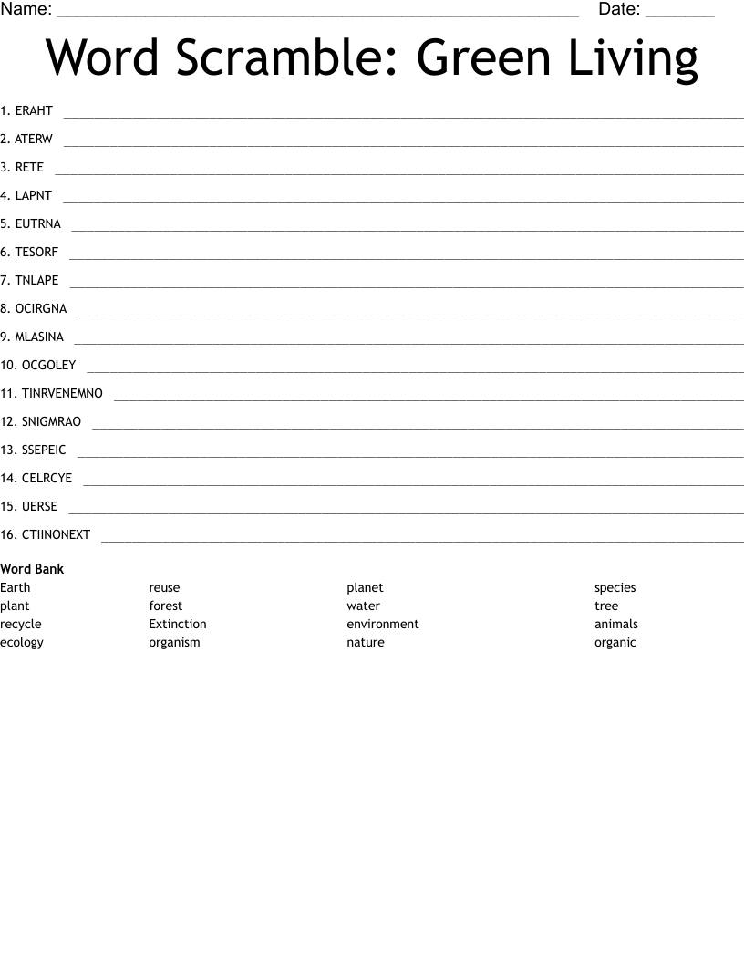 Word Scramble: Green Living 