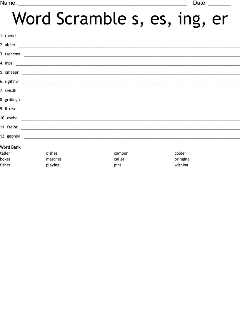 Word Scramble s, es, ing, er WordMint