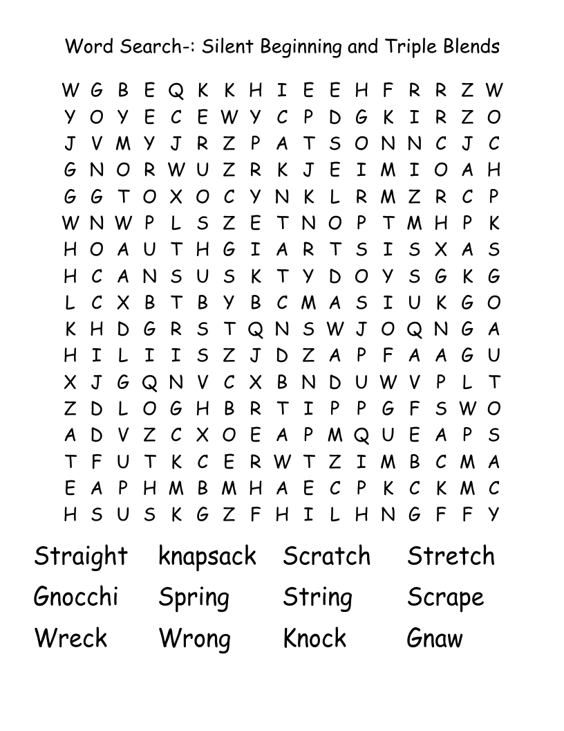 Word Search-:  Silent Beginning and Triple Blends 