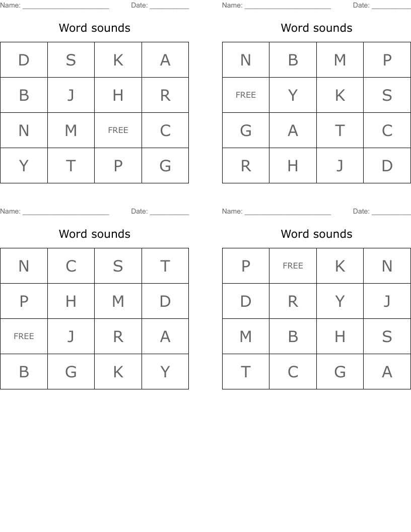 Word sounds Bingo Cards