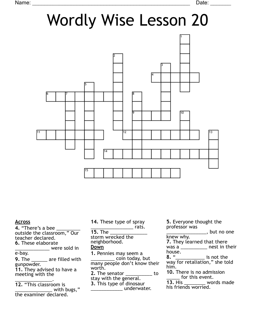 Wordly Wise Lesson 20 Crossword