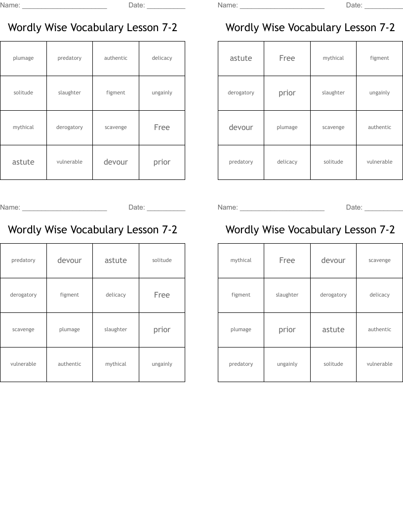Wordly Wise Vocabulary Lesson 7 2 Bingo Cards WordMint