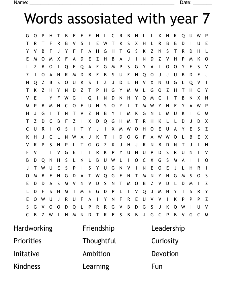 Words Assosiated With Year 7 Word Search WordMint