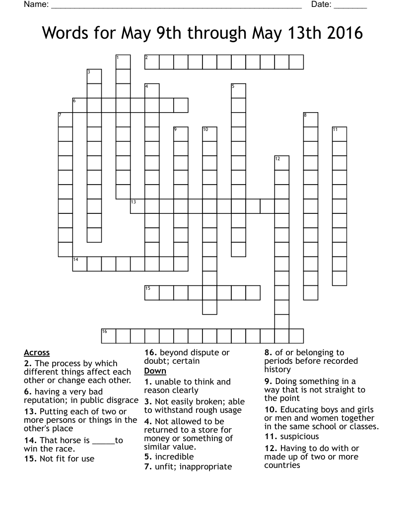 Words for May 9th through May 13th 2016 Crossword