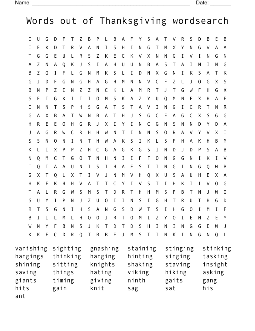 Words out of Thanksgiving wordsearch
