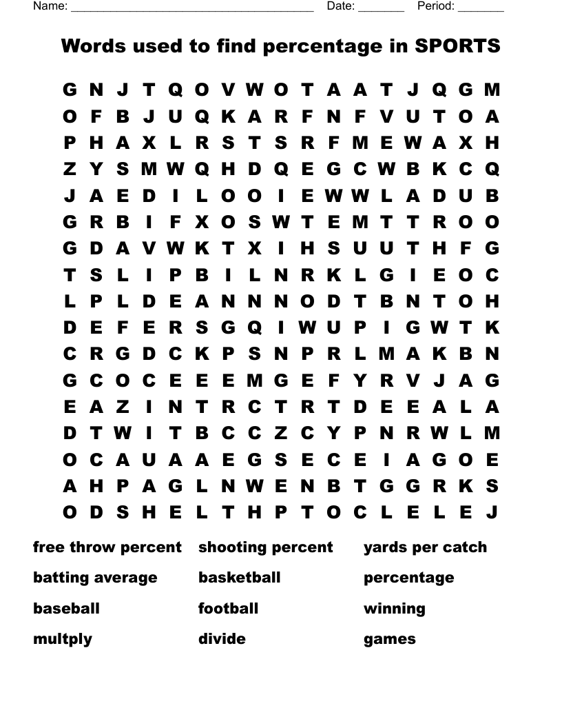 Words used to find percentage in SPORTS Word Search WordMint