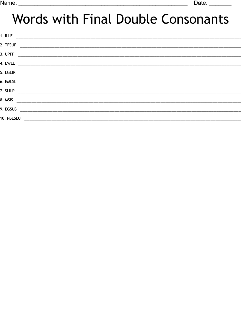 Words with Final Double Consonants Word Scramble