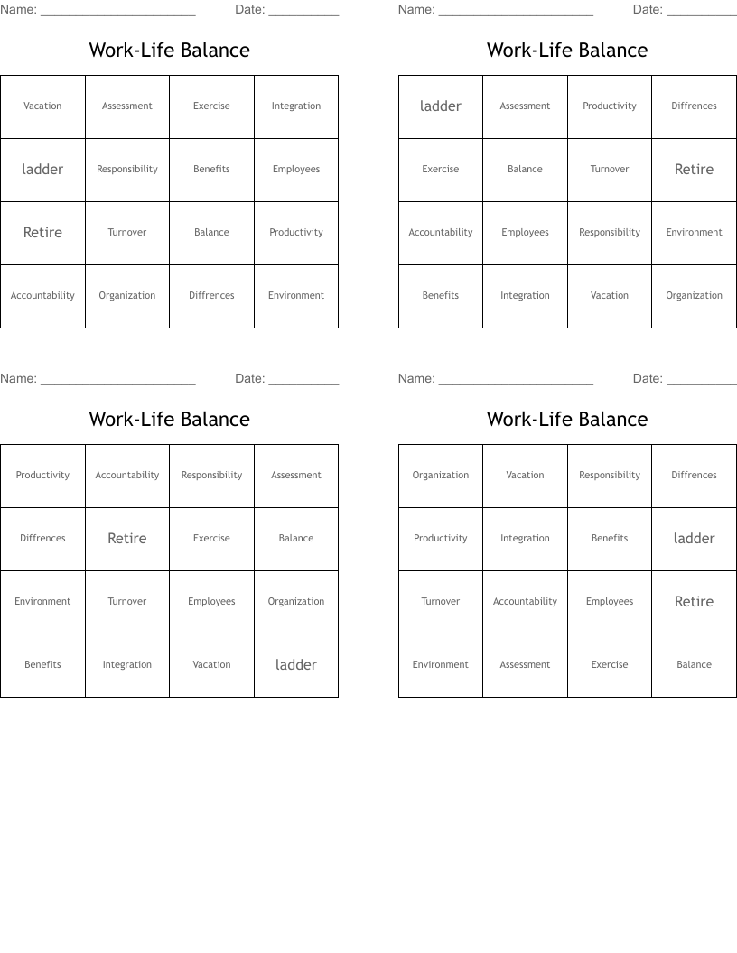 Work-Life Balance Bingo Cards - WordMint
