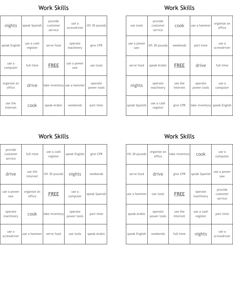Work Skills Bingo Cards