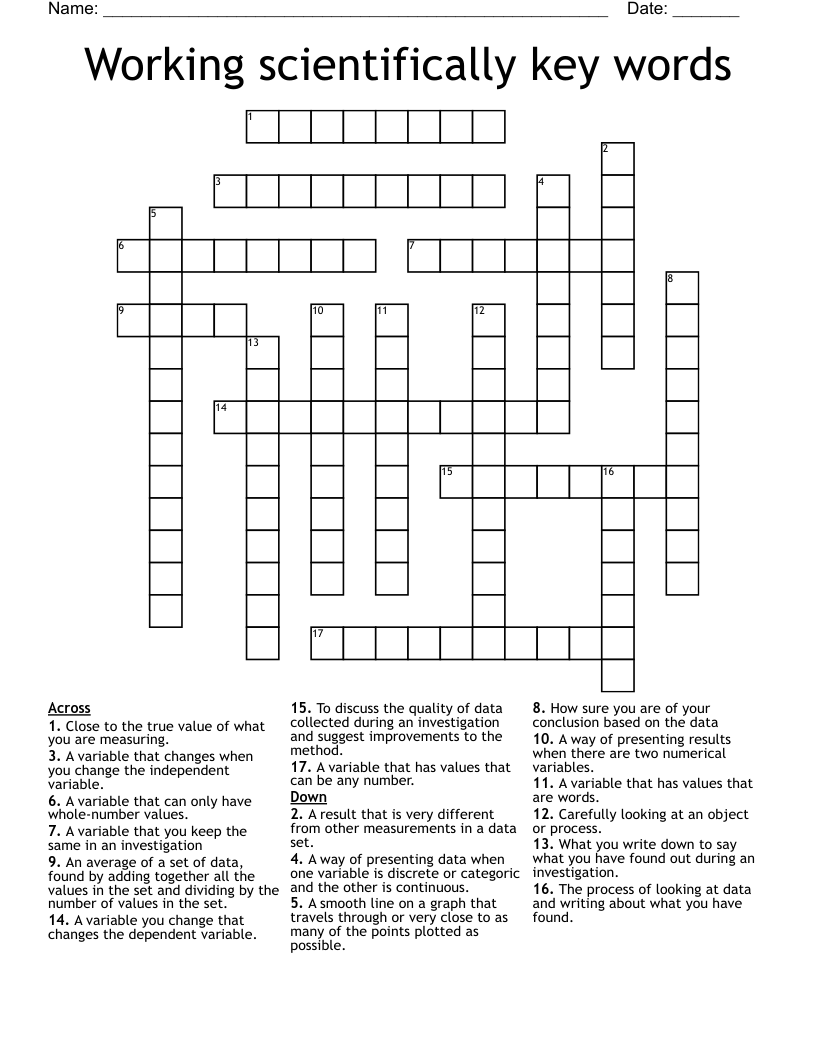 Working scientifically key words Crossword