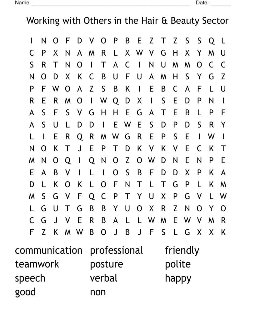 Working with Others in the Hair & Beauty Sector Word Search