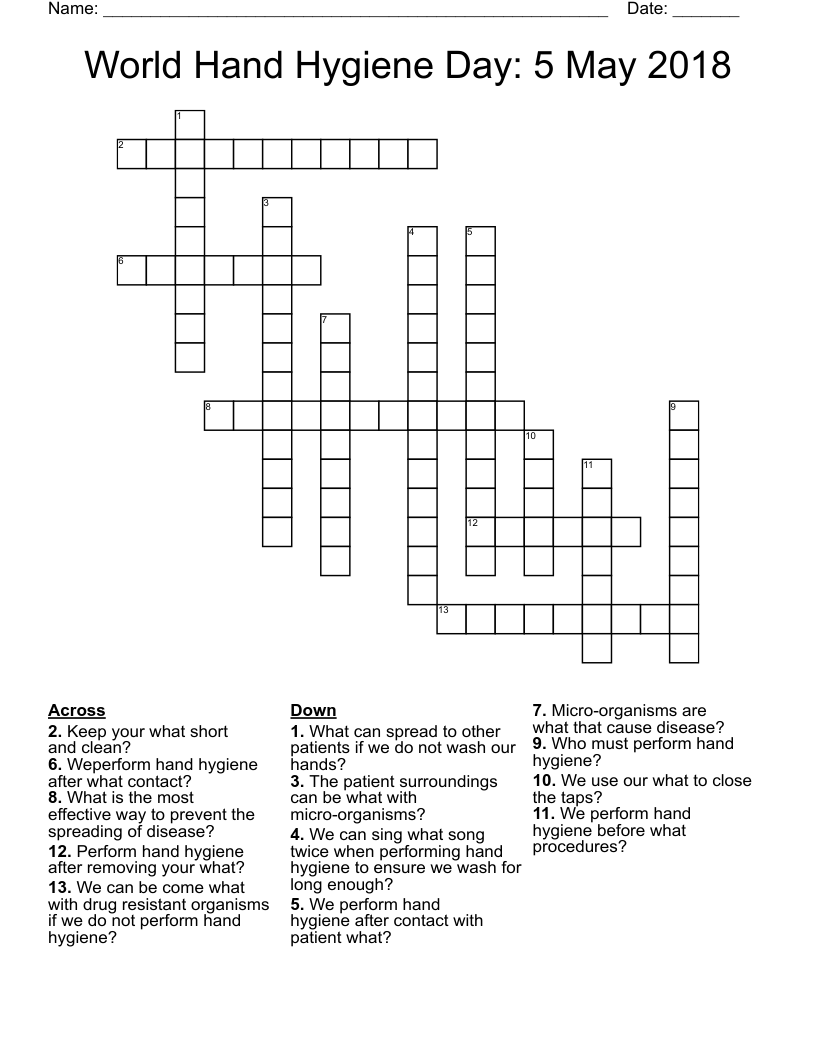 World Hand Hygiene Day 5 May 2018 Crossword WordMint