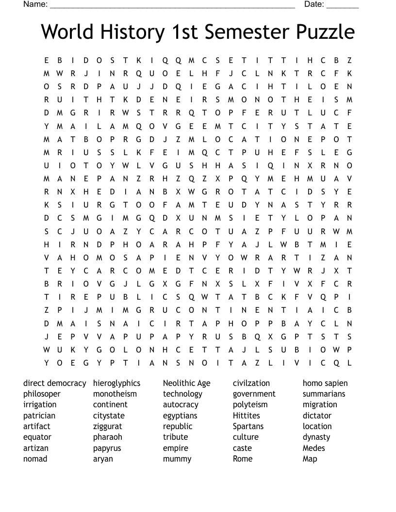 World History 1st Semester Puzzle Word Search